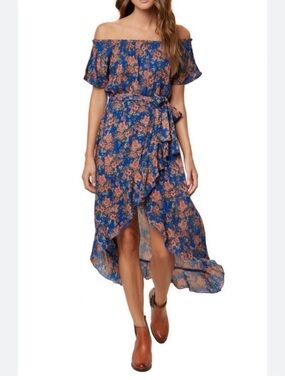 O'Neill Off-Shoulder Blue Floral Ruffled Maxi High-Low Summer Dress Size Medium